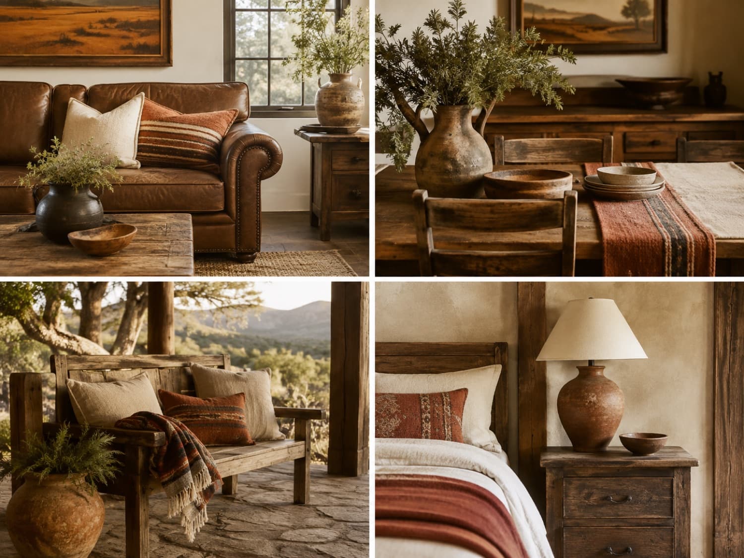 Four styled vignettes — a living-room corner, a dining table, a porch bench and a bedside table — shown as the four spaces the finder covers