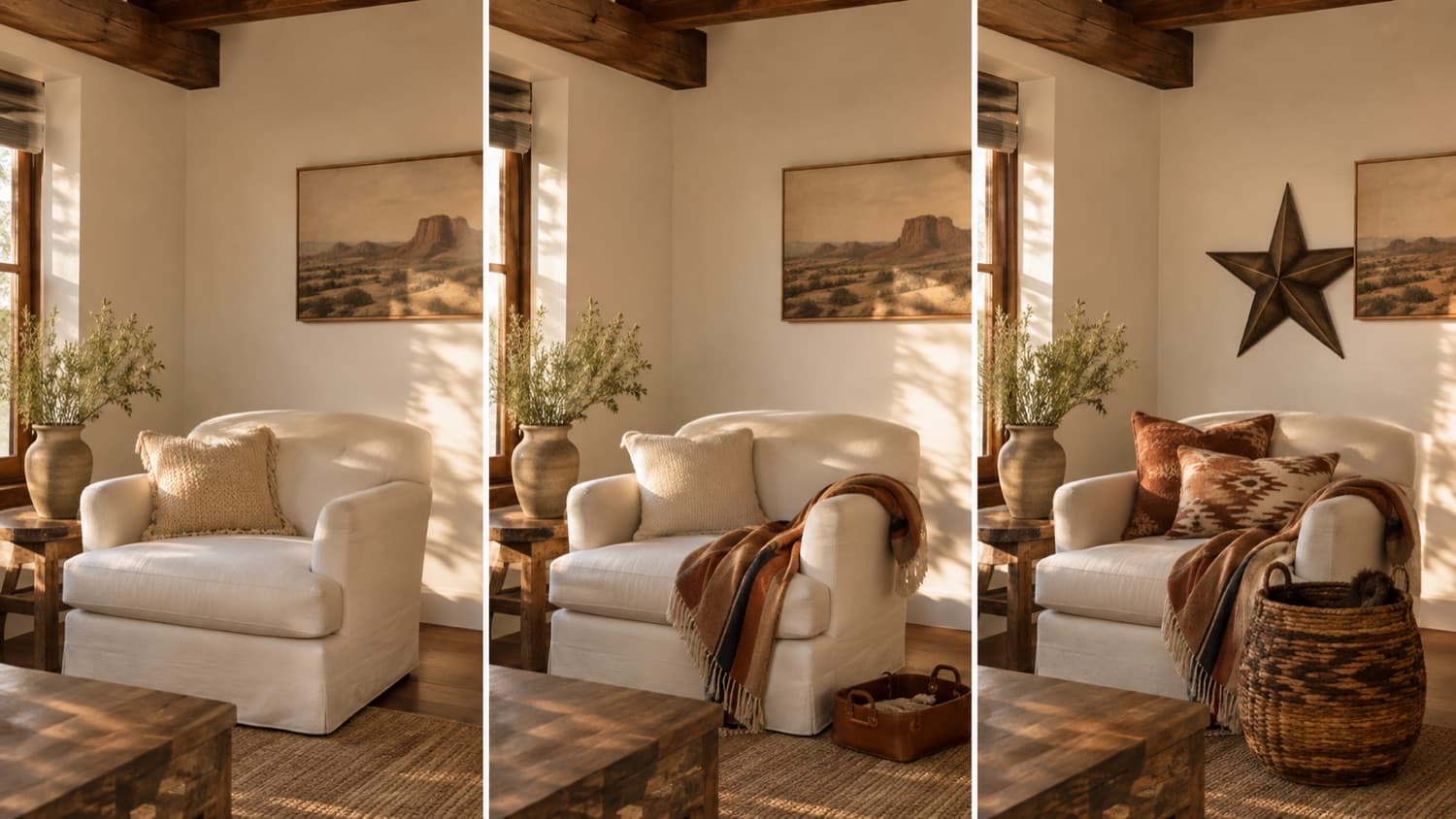 Three identical cream living-room corners styled at increasing western intensity, from one cushion to a fully layered arrangement