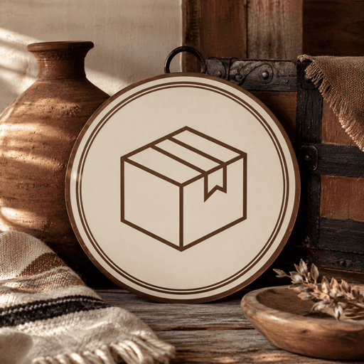 A round wooden plaque engraved with a parcel outline, propped against a rustic trunk