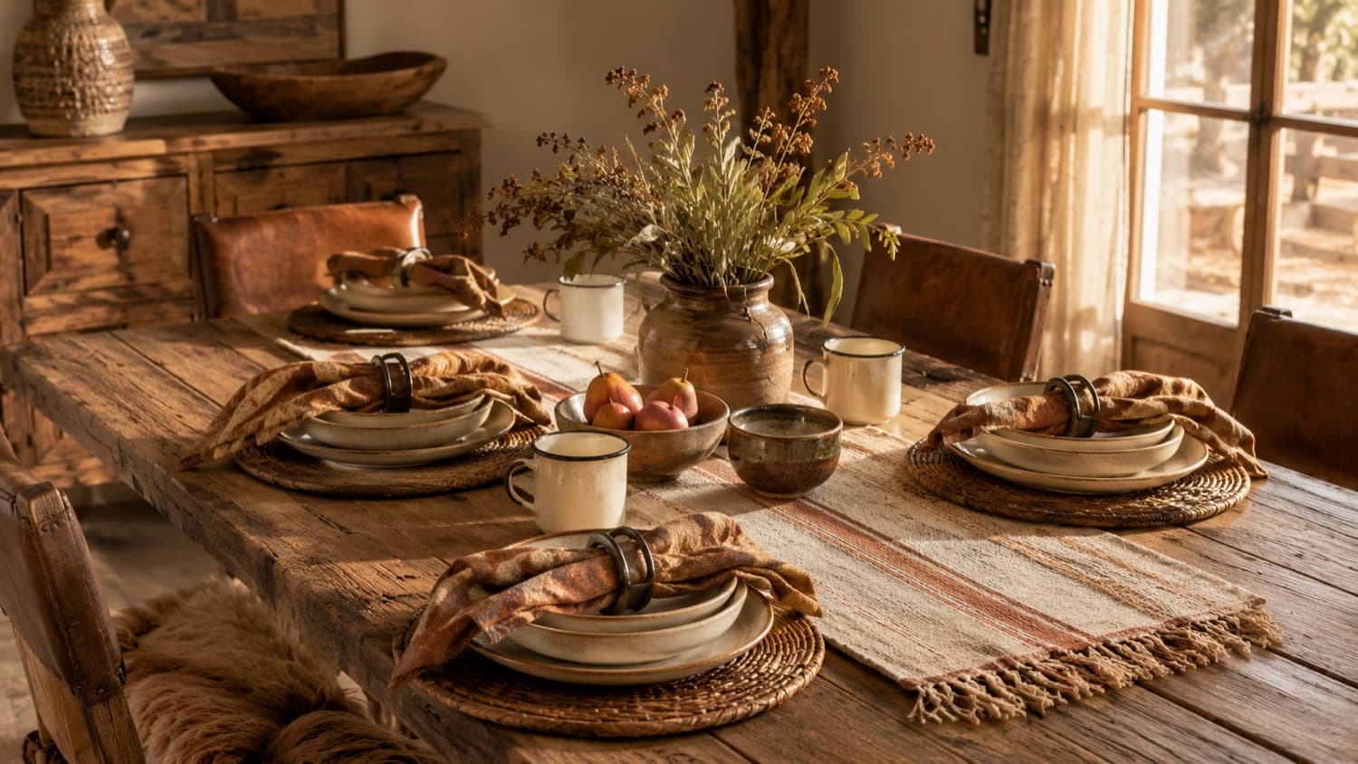 A rustic oak dining table set with stoneware, woven placemats and enamel mugs in afternoon light
